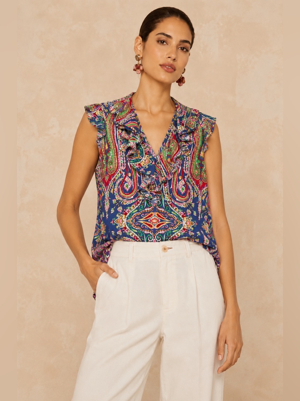 Lauren Ralph Lauren Paisley Ruffle Sleeveless Top Blue Multicolor 1X Cotton